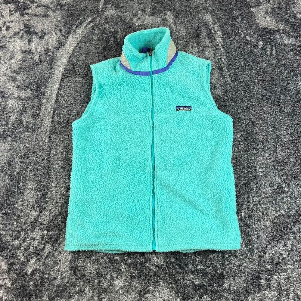 Vtg Patagonia Sherpa Deep Pile Fleece Vest Kids 14 Blue Mock Neck Full Zip